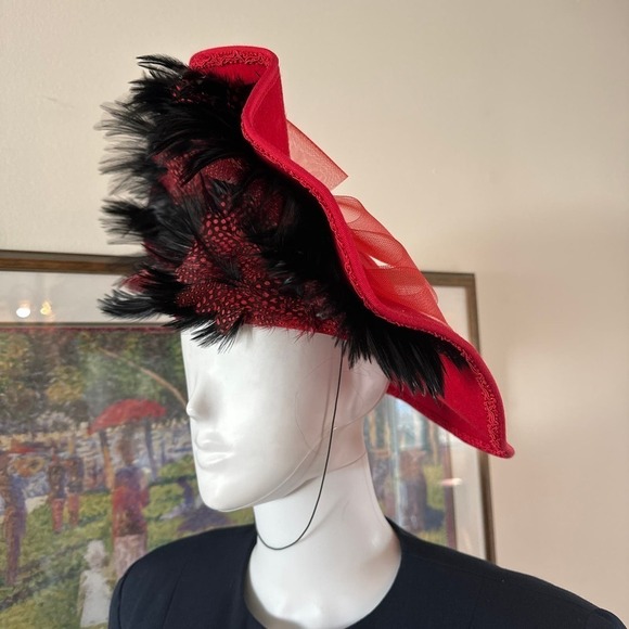 Vintage Deborah New York Red Wool and Feather Hat - Picture 3 of 9